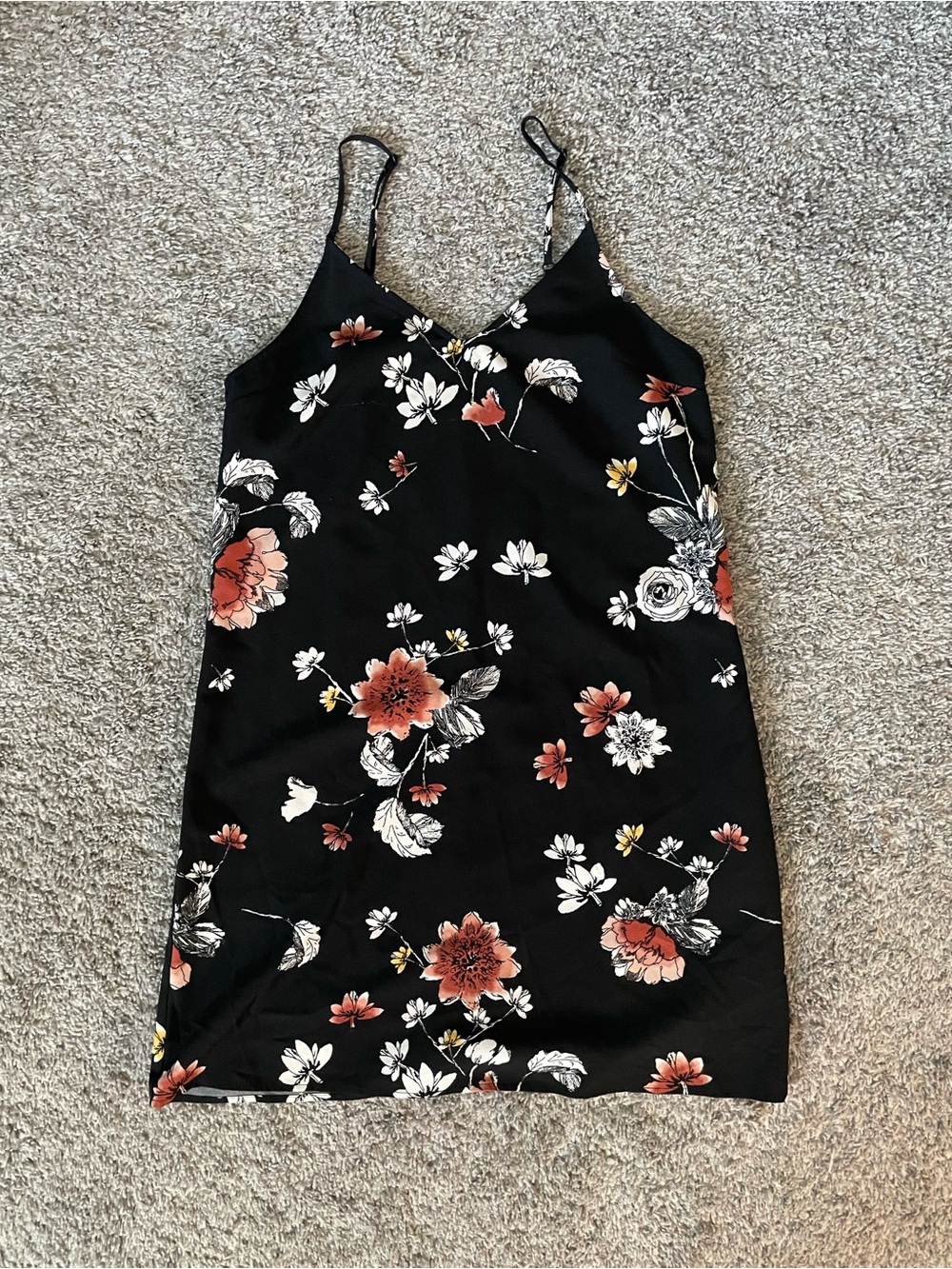 Black Floral Slip Dress with Coral and White Blooms